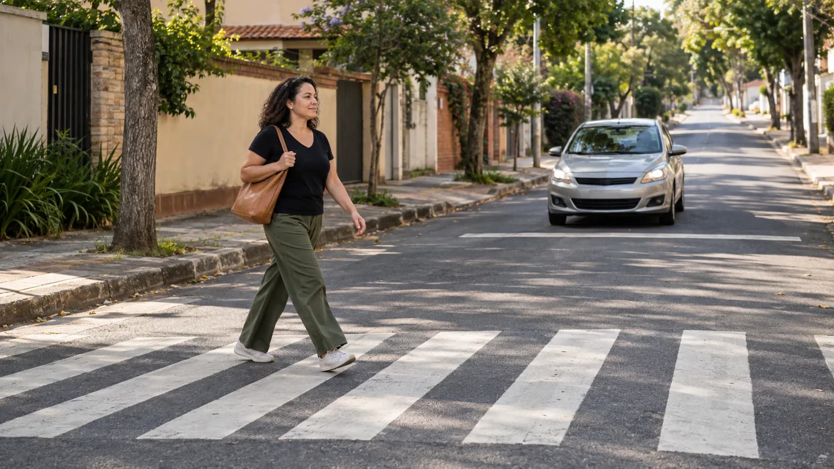 Mulher atravessa a faixa de pedestres enquanto um carro aguarda atrás da linha de retenção.
