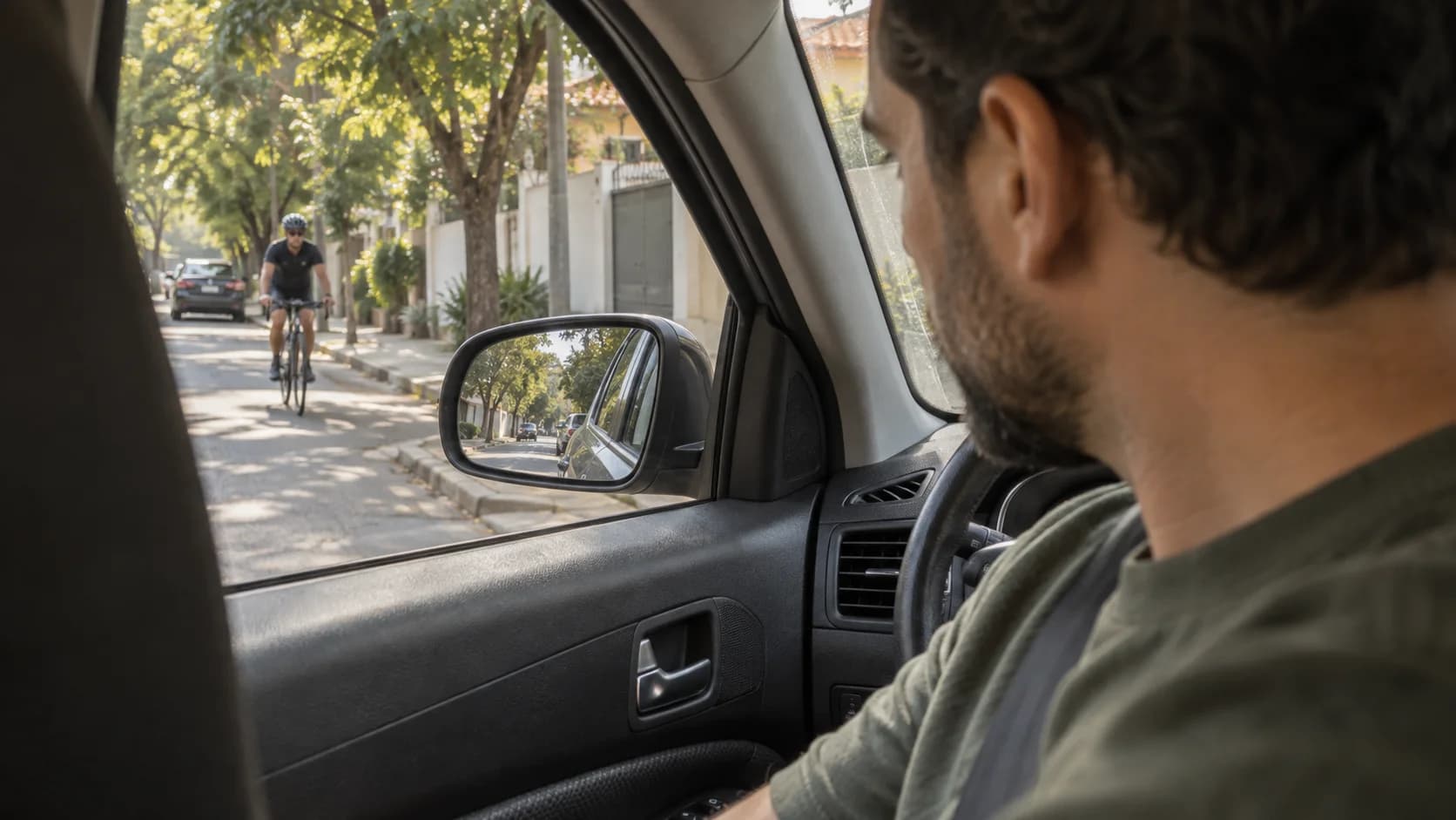 Motorista observa um ciclista pela janela, mantendo a porta do carro fechada.