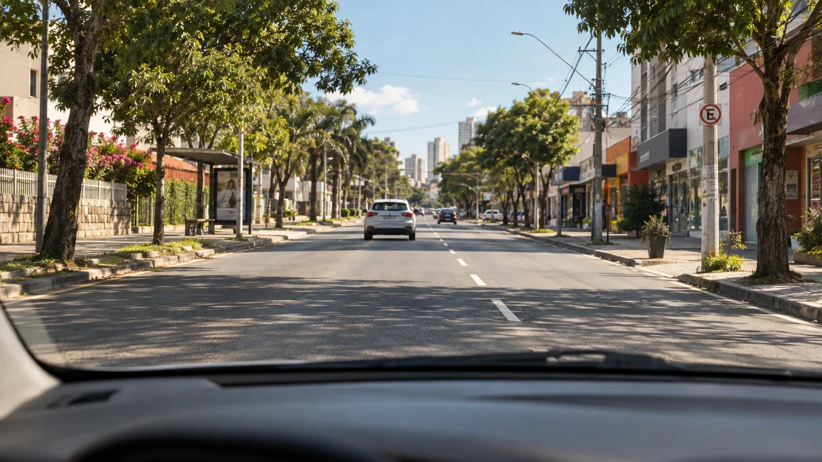 Vista de uma avenida em dia seco, com amplo espaço livre entre o carro da frente e o veículo de onde a cena é observada.