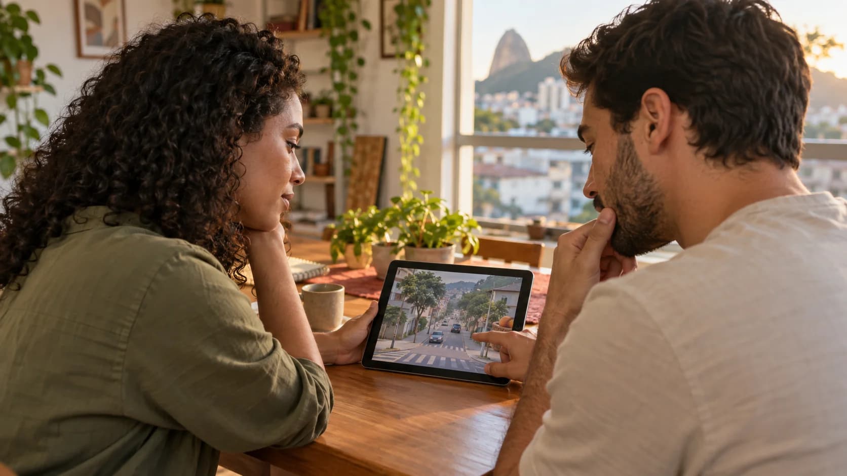 Duas pessoas observam uma situação de trânsito em um tablet, à mesa de casa.