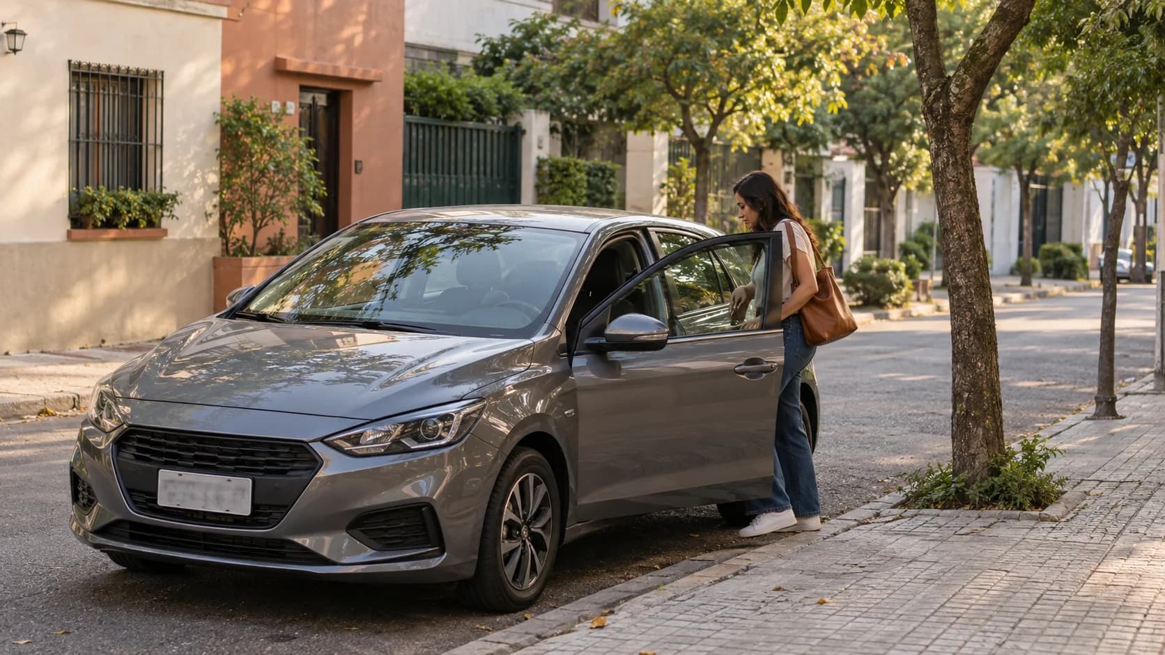 Mulher entrando em um carro compacto estacionado junto à calçada de uma rua tranquila.