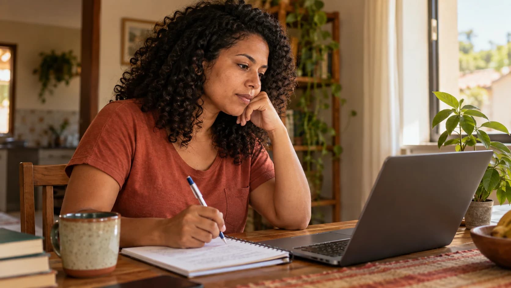 Mulher revisa anotações em um caderno ao lado do computador, com atenção a uma dúvida de estudo.