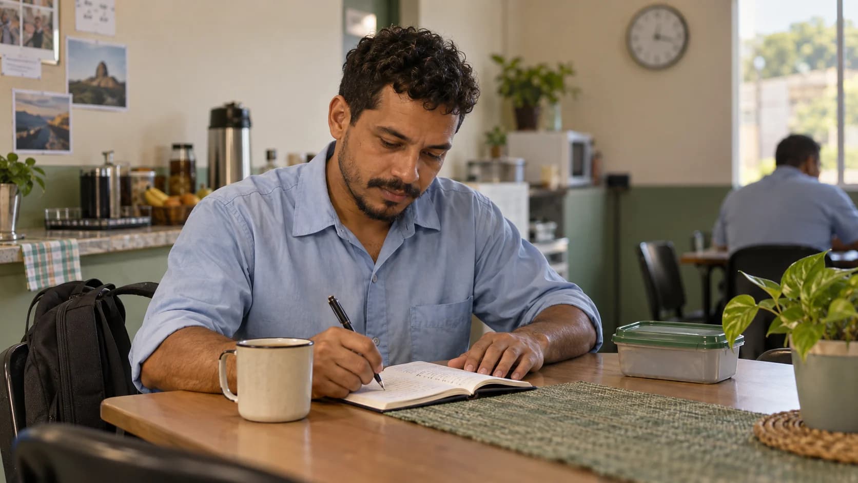 Homem aproveita uma pausa à mesa para estudar com um pequeno caderno aberto.