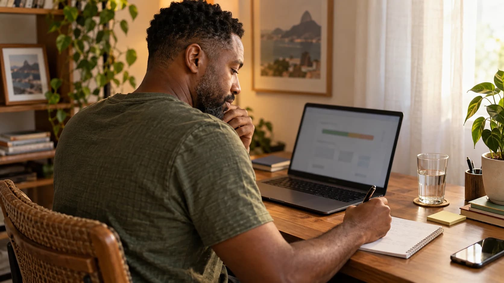 Homem analisa informações no notebook e registra seu próximo passo de estudo em uma folha.