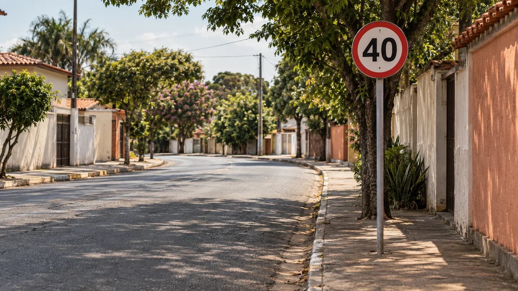 Placa de limite de 40 km/h ao lado de uma rua arborizada, com curva suave à frente.
