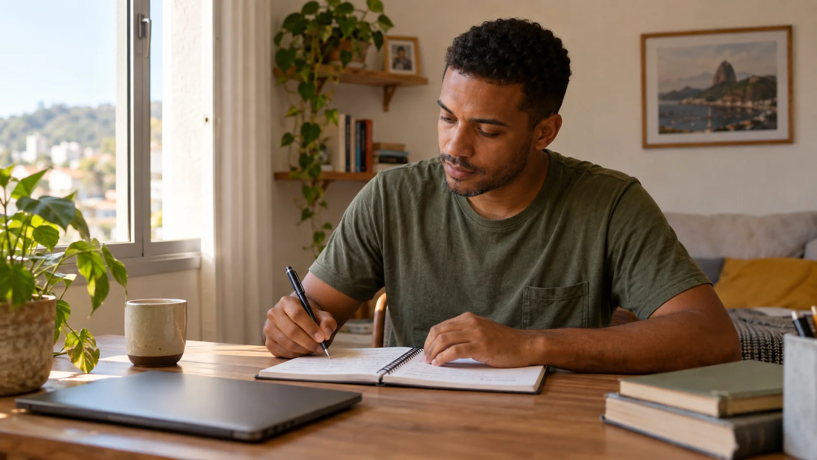 Homem estuda com um caderno à mesa, perto de uma janela iluminada.