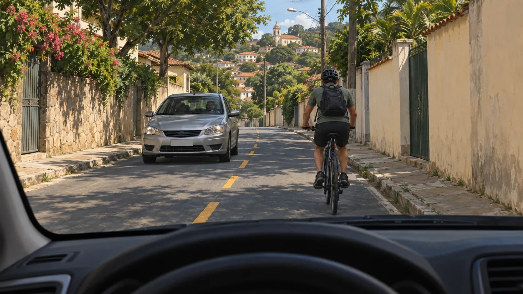 Ciclista segue à frente em rua estreita enquanto um carro vem no sentido contrário.