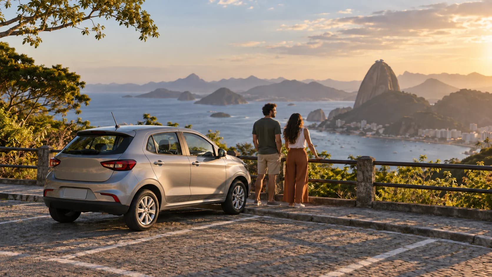 Paisagem do Rio de Janeiro com um carro estacionado e vista para as montanhas e o mar.