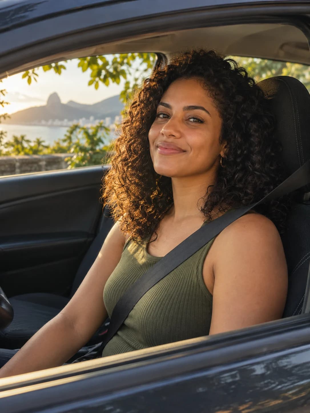 Mulher com cinto de segurança ao volante, com o Rio de Janeiro ao fundo.