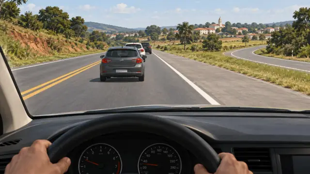 Carros formam uma fila na pista, com acostamento livre à direita.