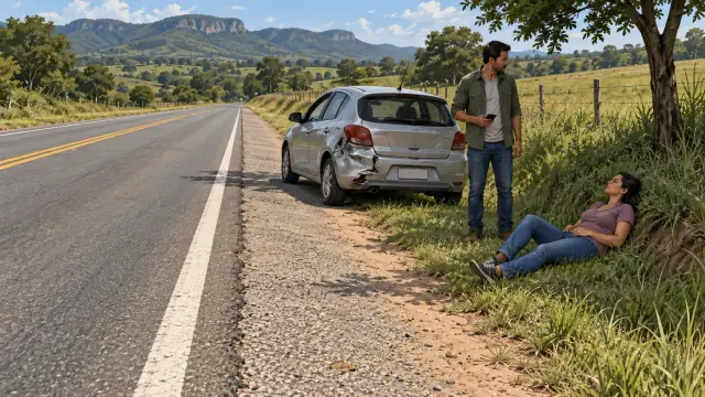 Pessoa no gramado ao lado de um carro danificado, com uma testemunha próxima e a rodovia afastada.
