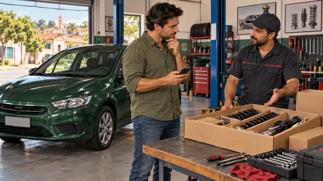 Cliente consulta telefone e mecânico apresenta kit de suspensão ainda na caixa, ao lado de carro intacto.