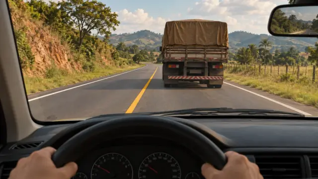 Um caminhão é visto pela traseira na faixa direita. À esquerda dessa faixa, uma linha amarela contínua separa o sentido contrário.