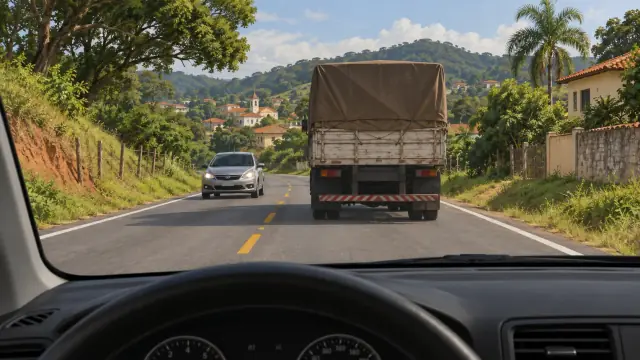 Caminhão à frente na faixa direita e carro de frente na faixa oposta. Uma linha amarela seccionada separa os sentidos.