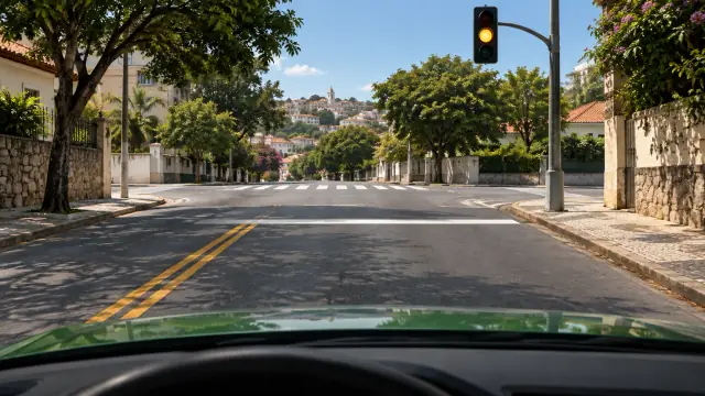 Vista pelo para-brisa de um carro verde, com semáforo amarelo, linha de retenção adiante e cruzamento livre.