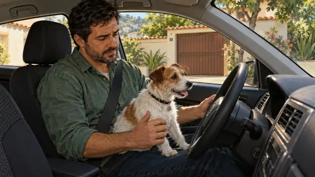 Cachorro pequeno ocupa o colo do motorista entre seus braços e o volante antes da saída.