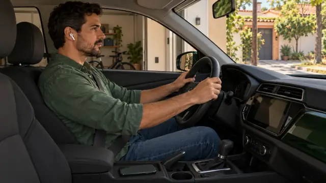 Motorista com um fone no ouvido se prepara para sair enquanto o celular está no console.