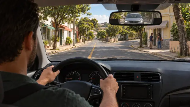 Vista do motorista diante de uma esquina à direita, com pedestres na calçada e um carro no retrovisor.
