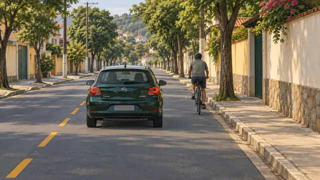Ciclista segue junto ao bordo da rua no mesmo sentido de um automóvel.