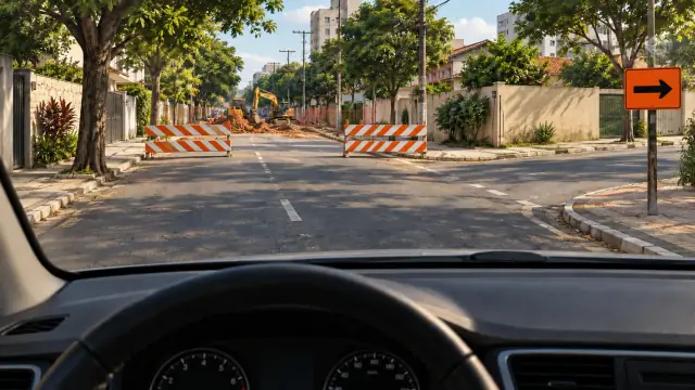 Duas barreiras fecham um trecho em obras, deixando um intervalo; uma placa aponta o desvio à direita.