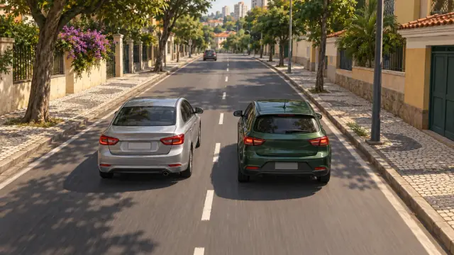 Dois carros seguem no mesmo sentido, em faixas separadas por uma linha branca seccionada.