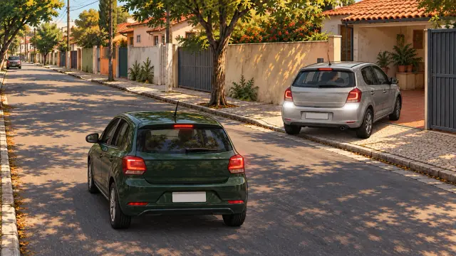 Rua de bairro às 14h. Um carro prata começa a sair de ré da garagem à direita, com luzes de ré acesas. O carro verde do aluno reduz antes da saída e mantém distância.