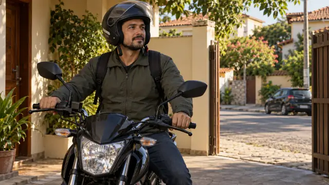 Um motociclista preparado para sair está com o capacete colocado e as duas pontas da cinta soltas sob o queixo.
