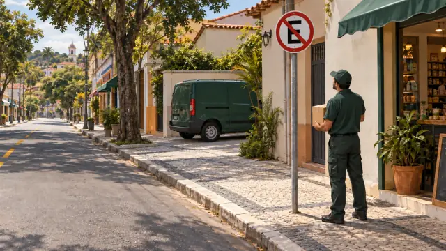 Entregador com uma caixa observa uma placa de estacionamento proibido diante de uma loja.
