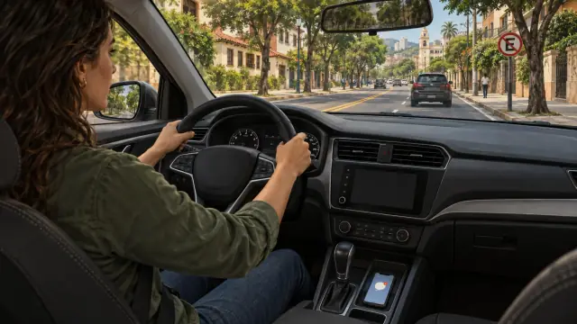 Condutora com as mãos no volante e um celular com notificação no console.