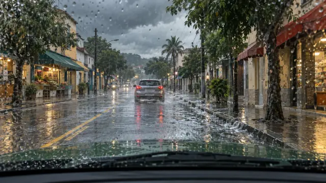 Chuva cai numa rua comercial e a água se acumula sobre trechos do pavimento.