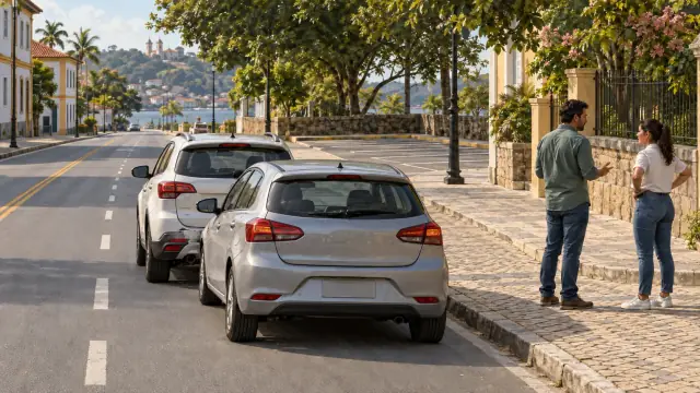 Dois carros ficam na faixa após colisão; ocupantes conversam no passeio e há área de estacionamento adiante.