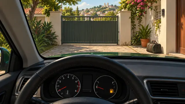No painel do carro, o ponteiro de combustível está perto de E e o aviso de abastecimento está aceso. À frente há um portão fechado.