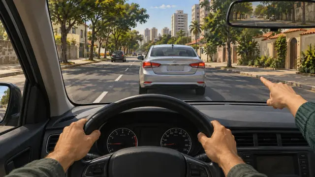 Passageiro aponta para o carro à frente enquanto o motorista mantém as mãos no volante.