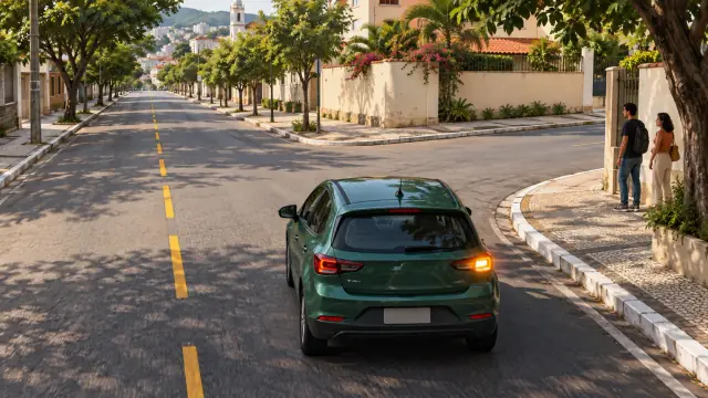Carro aproxima-se de uma esquina à direita com a seta direita acesa, enquanto pessoas aguardam na calçada.