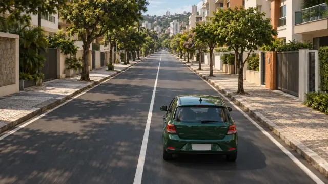 Linha branca contínua separa duas faixas da avenida, e o carro permanece à direita dela.