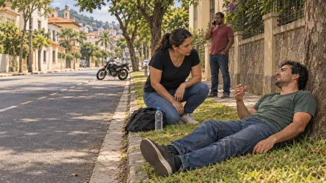 Pessoa consciente permanece sentada na margem gramada; ajudante conversa, garrafa fechada no chão e outra pessoa telefona.