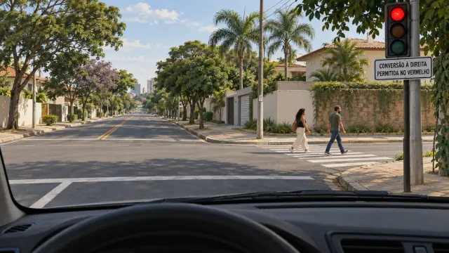 Semáforo vermelho e placa permitem a conversão à direita; duas pessoas atravessam a entrada dessa rua.