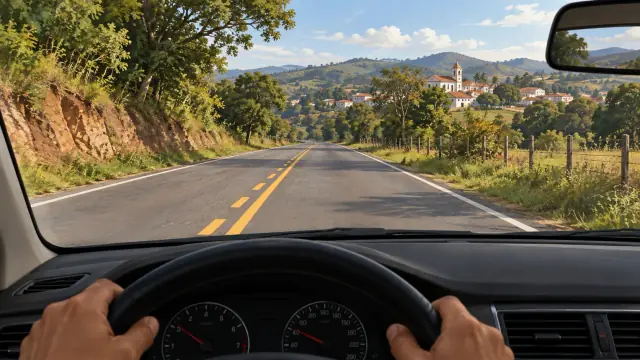 Vista de uma via de mão dupla com linha amarela contínua do lado do motorista e seccionada do outro lado.
