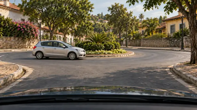 Carro prata circula pela rotatória aproximando-se da entrada do observador.