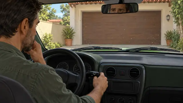 Na garagem, motorista testa o comando enquanto os limpadores permanecem sobre o para-brisa molhado.