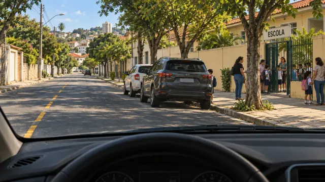 Perto do portão de uma escola, crianças e responsáveis ocupam a calçada; carros estacionados escondem parte da visão de quem se aproxima.