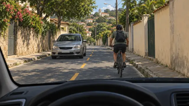 Ciclista segue à frente em rua estreita enquanto um carro vem no sentido contrário.