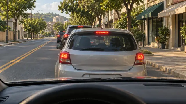 Vista do motorista muito próxima da traseira de um carro numa fila.
