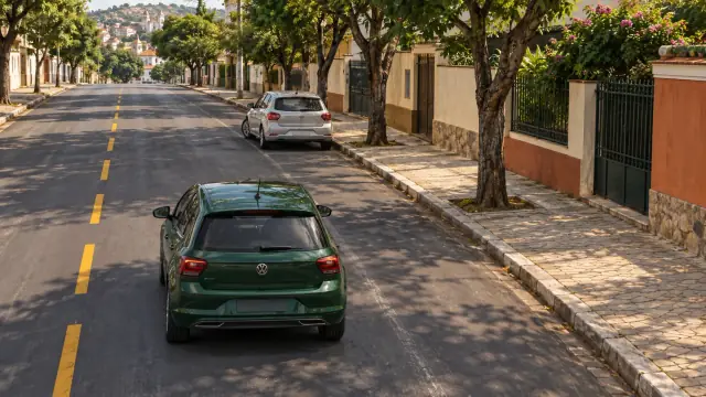 Carro verde aproxima-se de um espaço junto ao bordo direito da rua.