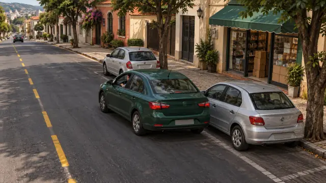 Carro com motorista dentro aguarda em fila dupla diante de uma loja.