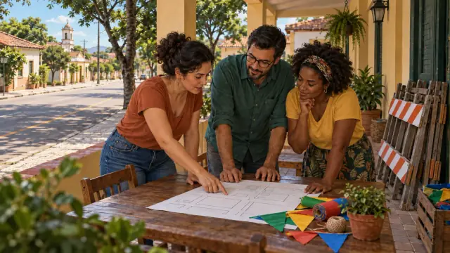 Três moradores planejam festa em mapa sobre mesa; barreiras e enfeites aguardam na varanda.