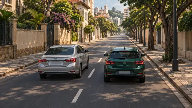 Numa avenida com duas faixas no mesmo sentido, um carro prata passa pela esquerda de um carro verde que ocupa a faixa da direita.