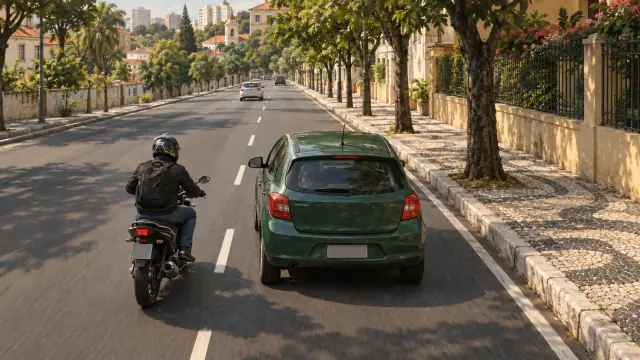 Uma moto segue na faixa esquerda junto à lateral traseira de um carro verde, numa avenida com duas faixas no mesmo sentido.
