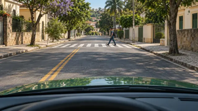 Um pedestre atravessa uma faixa sem semáforo numa rua de bairro; o carro se aproxima com espaço visível antes das listras.