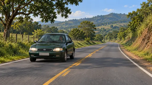 Carro com iluminação dianteira acesa circula por uma rodovia de pista simples em manhã de céu limpo.